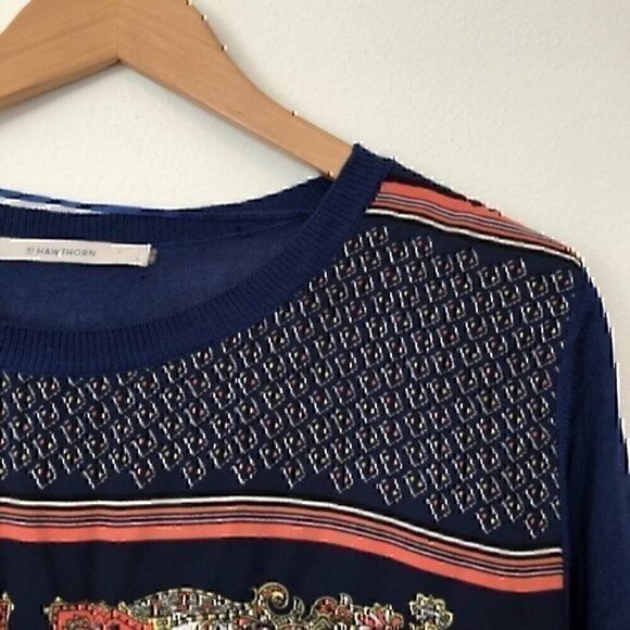 41 HAWTHORN Zappo Printed Mixed Material Sweater Navy Blue Cream Coral Boho M - Picture 5 of 8